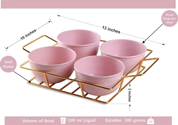 Copper_Snack_Four_Metal_Pink_Bowl_Gold_Plated_Tray_with_Handle_for_Fresh_Fruit_Tray,_Dried_Fruit,_Grid_Plate_(Gold_and_Pink)_Ramekin_Guest_Refeshment_Set