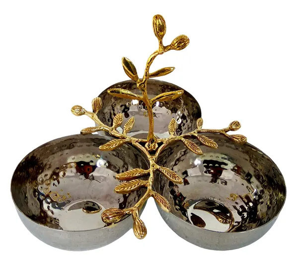 Copper_Three_Bowls_with_Leaf_Holder_|_Steel_Bowls_and_Aluminum_Leaf_Holder|_Gold_Silver_Color_|Refreshner|Dry_Fruit_Serving|Decorative_Bowl|Tableware|Centerpiece|Gifting|Made_in_India