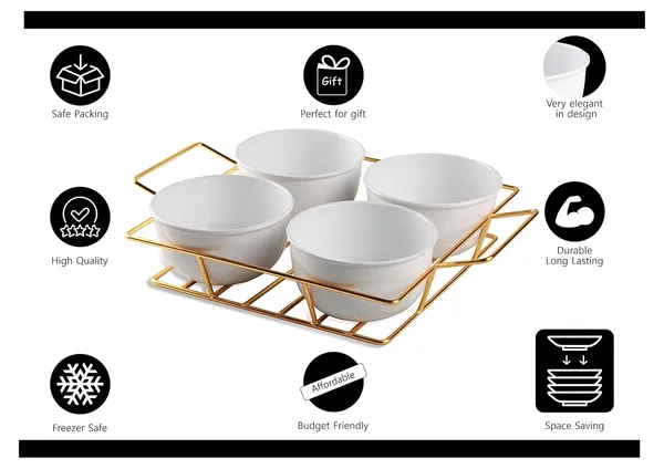Copper_Snack_Four_Metal_Bowl_Gold_Plated_Tray_with_Handle_for_Fresh_Fruit_Tray,_Dried_Fruit_Tray,_with_Tray,_Snack_Tray,_Grid_Plate_(Gold_and_White)_Ramekin_Guest_Refeshment_Set