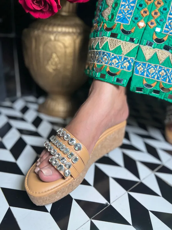 Yellow_Leather_Beige_Diamond_Embellished_Thumb_Wedges_For_Women