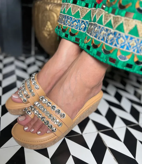 Yellow_Leather_Beige_Diamond_Embellished_Thumb_Wedges_For_Women