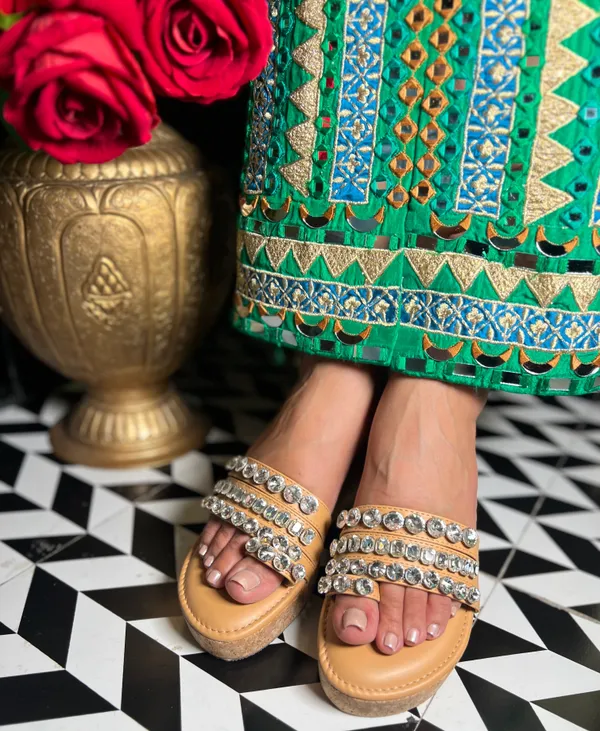 Yellow_Leather_Beige_Diamond_Embellished_Thumb_Wedges_For_Women