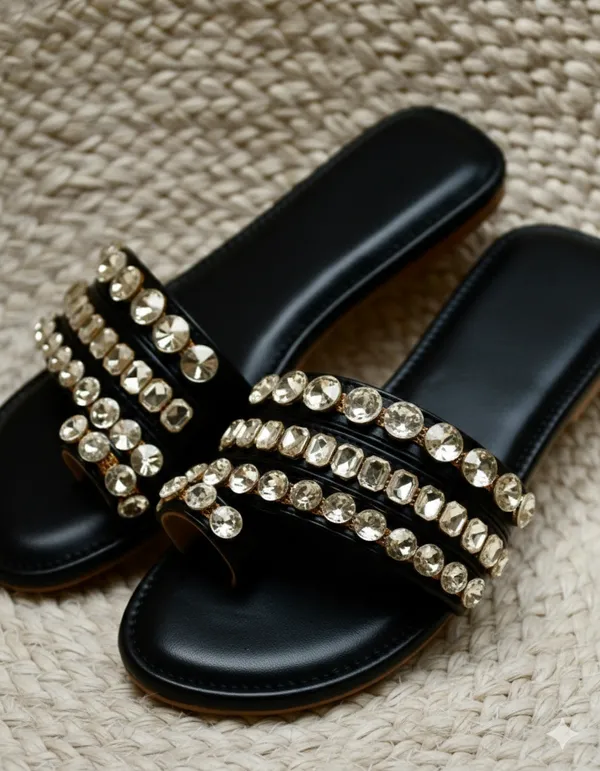 Black_Polyster_Crystal_Glaze_Flats_For_Women