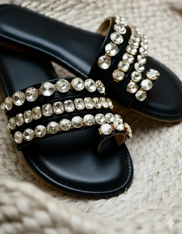 Black_Polyster_Crystal_Glaze_Flats_For_Women