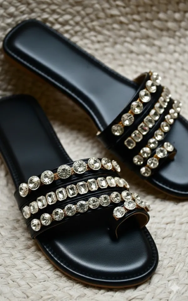 Black_Polyster_Crystal_Glaze_Flats_For_Women