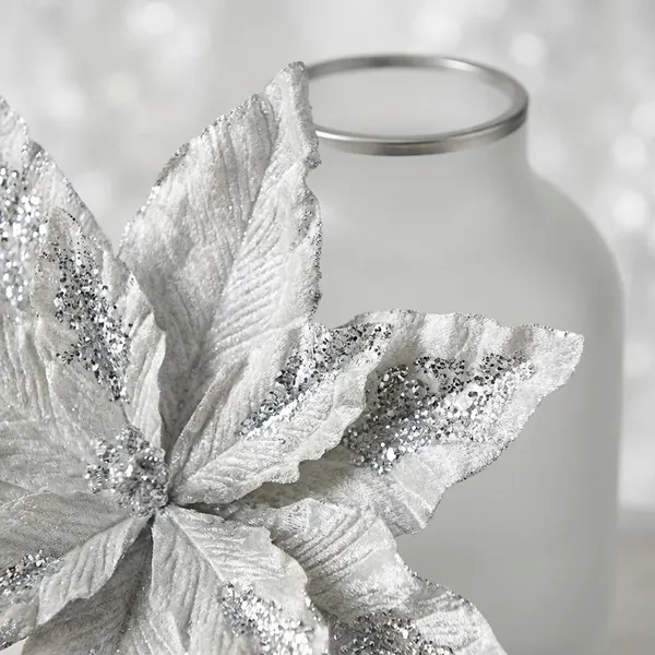 Silver_Grey_Fabric_And_Plastic_And_Glitter_Frosted_Glitter_Poinsettia_For_Home_Decor