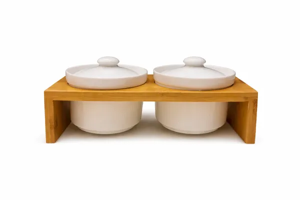 White_Ceramic_And_Bamboo_Wood_Dual_Condiment_Bowl_With_Wooden_Stand_For_Home_Decor