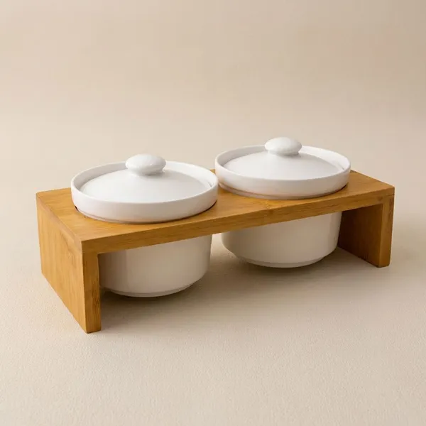 White_Ceramic_And_Bamboo_Wood_Dual_Condiment_Bowl_With_Wooden_Stand_For_Home_Decor