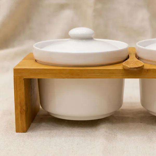White_Ceramic_And_Bamboo_Wood_Dual_Condiment_Bowl_With_Wooden_Stand_For_Home_Decor