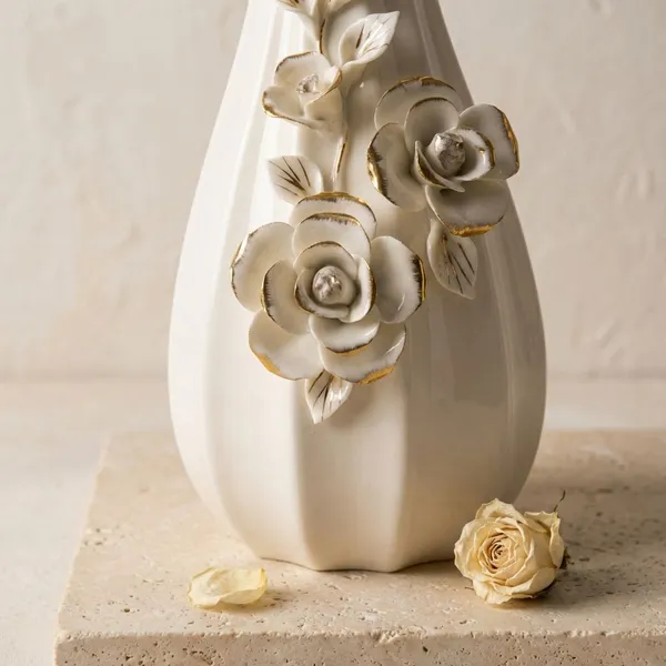 Ivory_With_Golden_Highlights_Ceramic_Floral_Relief_Ceramic_Vase_For_Home_Decor