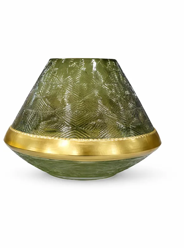 Olive_Green_And_Golden_Rim_Glass_Textured_Glass_Bowl_Vase_For_Home_Decor