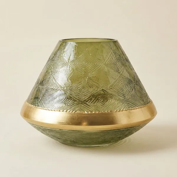 Olive_Green_And_Golden_Rim_Glass_Textured_Glass_Bowl_Vase_For_Home_Decor