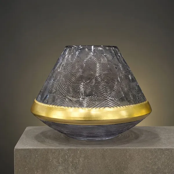 Grey_And_Golden_Rim_Glass_Textured_Glass_Bowl_Vase_For_Home_Decor