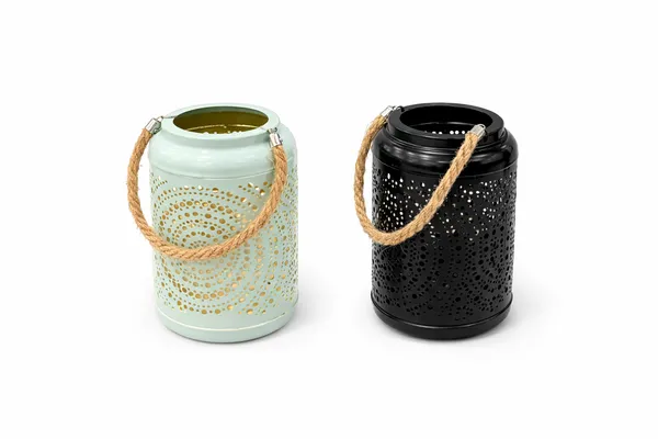 Mint_And_Black_Metal_Rope_Handle_Cutwork_Lantern_Set_Of_2_For_Home_Decor