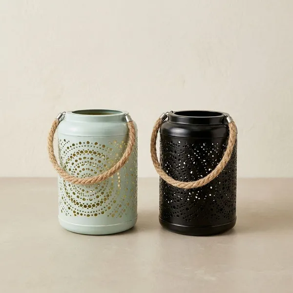 Mint_And_Black_Metal_Rope_Handle_Cutwork_Lantern_Set_Of_2_For_Home_Decor