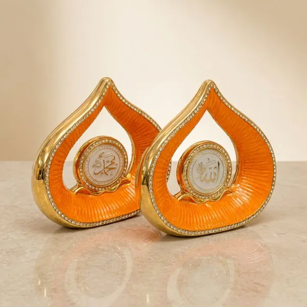 Golden_And_Orange_Resin_And_Metal_Allah_And_Muhammad_Teardrop_Showpiece_Set_For_Home_Decor