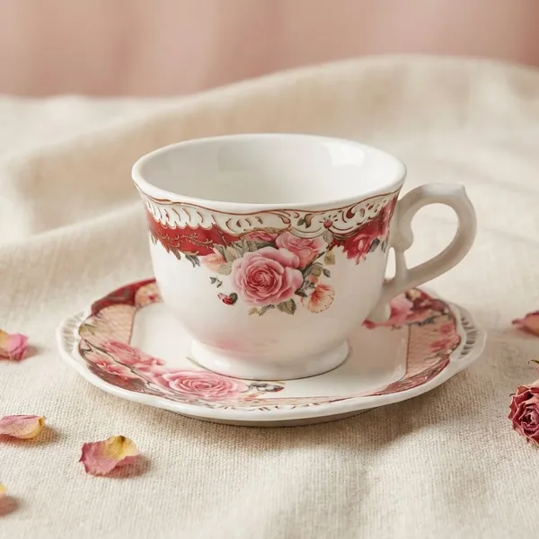Ivory_And_Peach_Ceramic_Floral_Square_Saucer_Tea_Set_For_Kitchen_Set