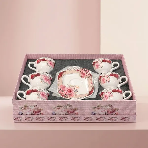 Ivory_And_Peach_Ceramic_Floral_Square_Saucer_Tea_Set_For_Kitchen_Set