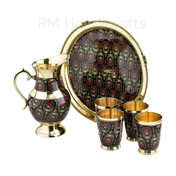 Multicolor_Brass_6-Piece_Dinner_Set_With_Meenakari_Enamel_Work_Jug,_Tray_&_4_Glasses_Handcrafted_Traditional_Tableware_Multicolor_Paisley_On_Gold_Finish