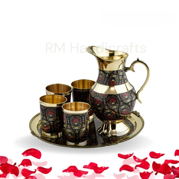 Multicolor_Brass_6-Piece_Dinner_Set_With_Meenakari_Enamel_Work_Jug,_Tray_&_4_Glasses_Handcrafted_Traditional_Tableware_Multicolor_Paisley_On_Gold_Finish