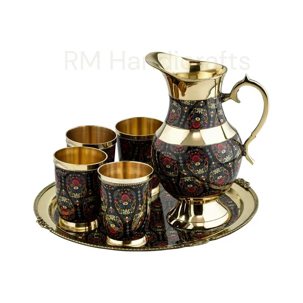Multicolor_Brass_6-Piece_Dinner_Set_With_Meenakari_Enamel_Work_Jug,_Tray_&_4_Glasses_Handcrafted_Traditional_Tableware_Multicolor_Paisley_On_Gold_Finish