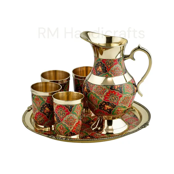 Multicolor_Brass_6-Piece_Dinner_Set_With_Meenakari_Enamel_Work_Jug,_Tray_&_4_Glasses_Handcrafted_Traditional_Tableware_Multicolor_Paisley_On_Gold_Finish