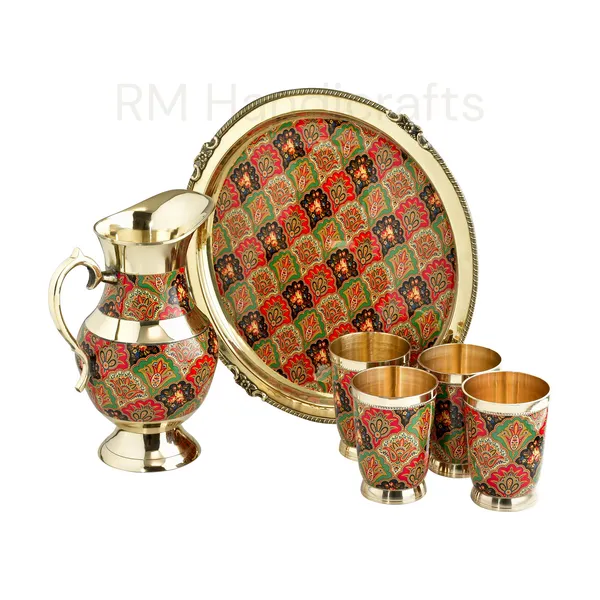 Multicolor_Brass_6-Piece_Dinner_Set_With_Meenakari_Enamel_Work_Jug,_Tray_&_4_Glasses_Handcrafted_Traditional_Tableware_Multicolor_Paisley_On_Gold_Finish