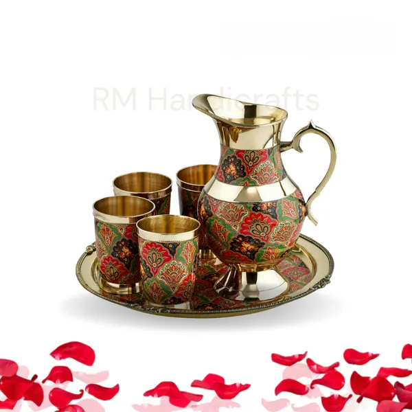 Multicolor_Brass_6-Piece_Dinner_Set_With_Meenakari_Enamel_Work_Jug,_Tray_&_4_Glasses_Handcrafted_Traditional_Tableware_Multicolor_Paisley_On_Gold_Finish