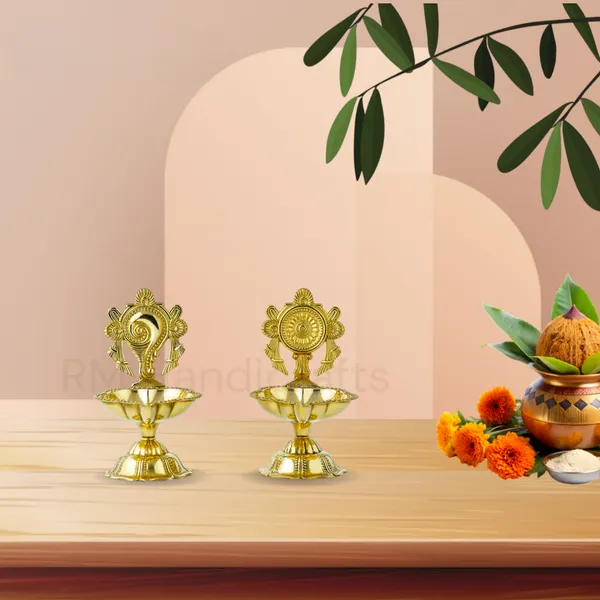 Golden_Brass_Shankh_&_Chakra_Diya_With_Pedestal_Base_Traditional_Decorative_Oil_Lamps_With_Stand_For_Pooja,_Mandir_&_Home_Temple_Handcrafted_Brass_Deepam_Set_Of_2_(Small)