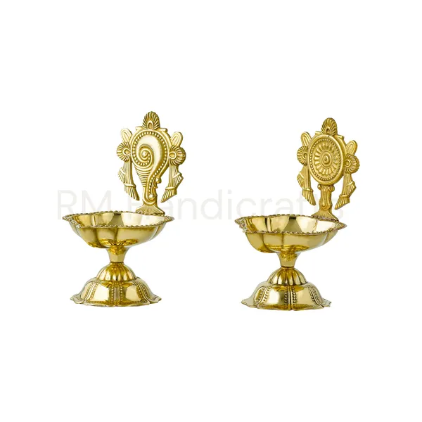 Golden_Brass_Shankh_&_Chakra_Diya_With_Pedestal_Base_Traditional_Decorative_Oil_Lamps_With_Stand_For_Pooja,_Mandir_&_Home_Temple_Handcrafted_Brass_Deepam_Set_Of_2_(Small)