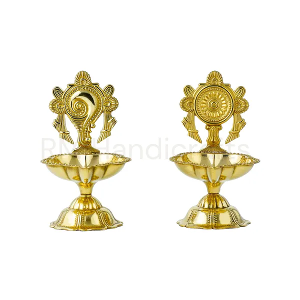 Golden_Brass_Shankh_&_Chakra_Diya_With_Pedestal_Base_Traditional_Decorative_Oil_Lamps_With_Stand_For_Pooja,_Mandir_&_Home_Temple_Handcrafted_Brass_Deepam_Set_Of_2
