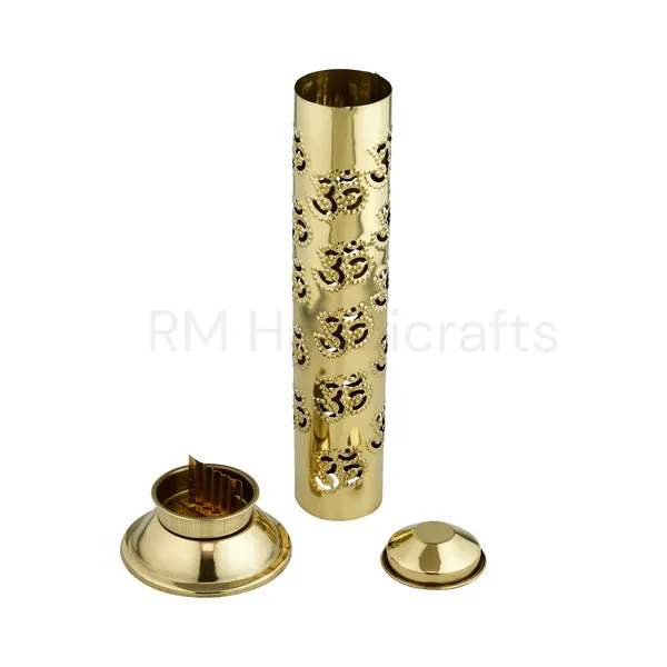 Golden_Brass_Cylindrical_Agarbatti_Stand_|_Decorative_Incense_Stick_Holder_With_Lid_|_Floral_Cutwork_Design_|_Ash_Catcher_|_Ideal_For_Puja,_Home_&_Office_Decor_(Om_Design)