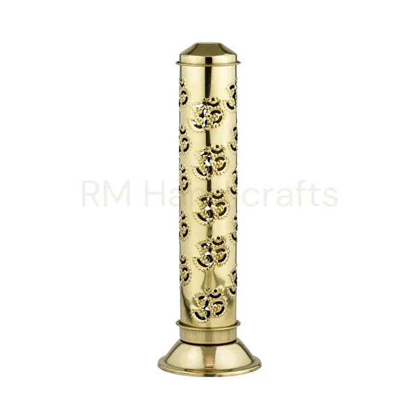 Golden_Brass_Cylindrical_Agarbatti_Stand_|_Decorative_Incense_Stick_Holder_With_Lid_|_Floral_Cutwork_Design_|_Ash_Catcher_|_Ideal_For_Puja,_Home_&_Office_Decor_(Om_Design)