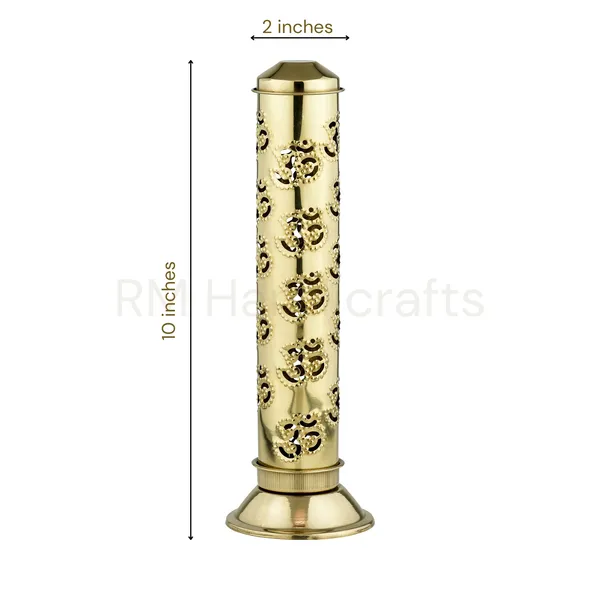 Golden_Brass_Cylindrical_Agarbatti_Stand_|_Decorative_Incense_Stick_Holder_With_Lid_|_Floral_Cutwork_Design_|_Ash_Catcher_|_Ideal_For_Puja,_Home_&_Office_Decor_(Om_Design)