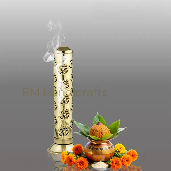 Golden_Brass_Cylindrical_Agarbatti_Stand_|_Decorative_Incense_Stick_Holder_With_Lid_|_Floral_Cutwork_Design_|_Ash_Catcher_|_Ideal_For_Puja,_Home_&_Office_Decor_(Om_Design)