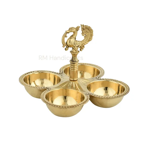 Golden_Pure_Brass_4_Katori_Diya_Stand_With_Peacock_Top_Traditional_Oil_Lamp_For_Pooja,_Aarti_&_Home_Temple_Decor