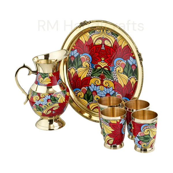 Multicolor_Brass_6-Piece_Dinner_Set_With_Meenakari_Enamel_Work_Jug,_Tray_&_4_Glasses_Handcrafted_Traditional_Tableware_Multicolor_Paisley_On_Gold_Finish