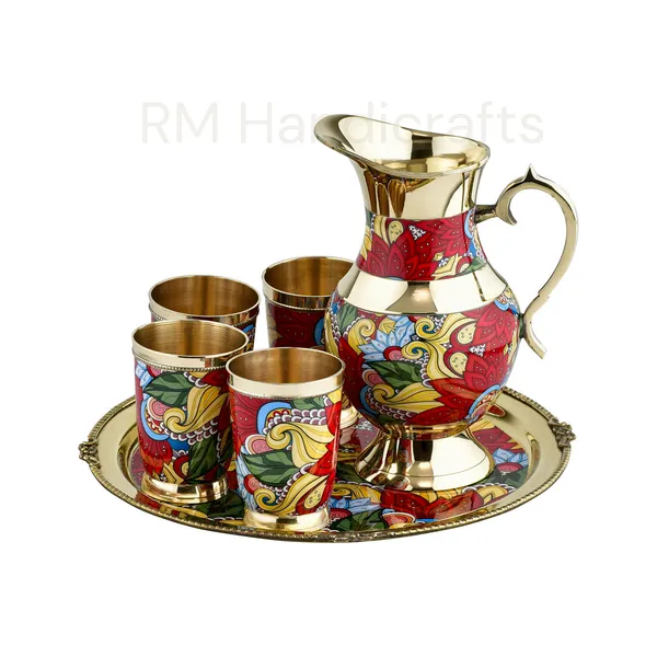 Multicolor_Brass_6-Piece_Dinner_Set_With_Meenakari_Enamel_Work_Jug,_Tray_&_4_Glasses_Handcrafted_Traditional_Tableware_Multicolor_Paisley_On_Gold_Finish