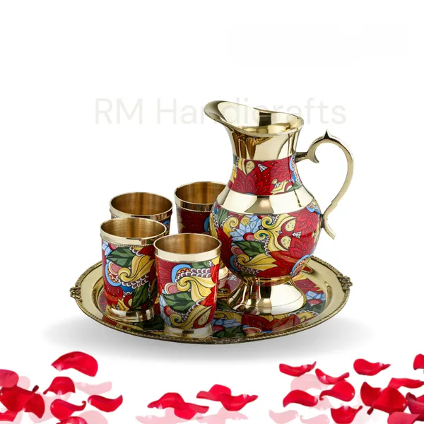 Multicolor_Brass_6-Piece_Dinner_Set_With_Meenakari_Enamel_Work_Jug,_Tray_&_4_Glasses_Handcrafted_Traditional_Tableware_Multicolor_Paisley_On_Gold_Finish
