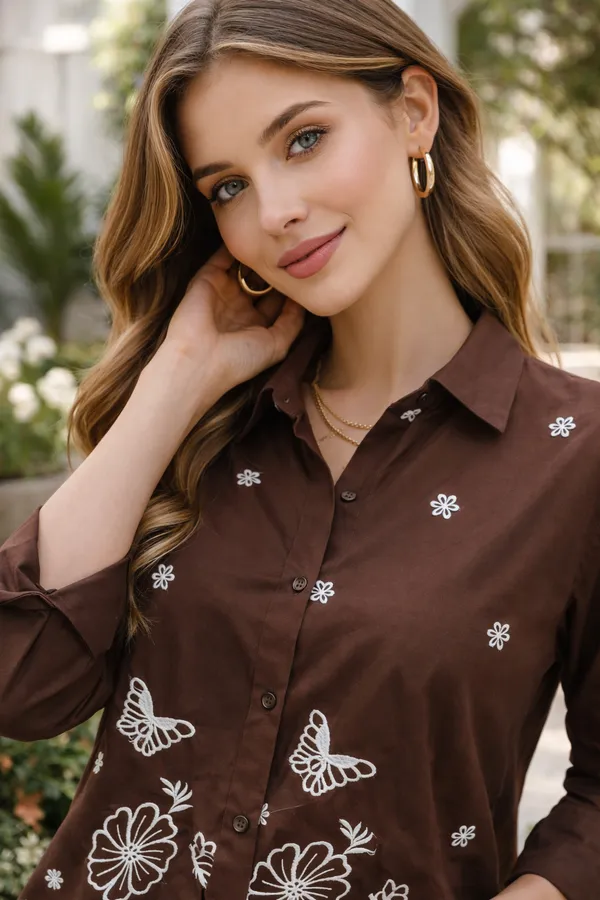 Women�s_Cotton_Embroidered_Shirt_Coffee_|_Designer_Embroidery_Cotton_Shirt_for_Women_|_Casual_Full_Sleeve_Button_Down_Top_1