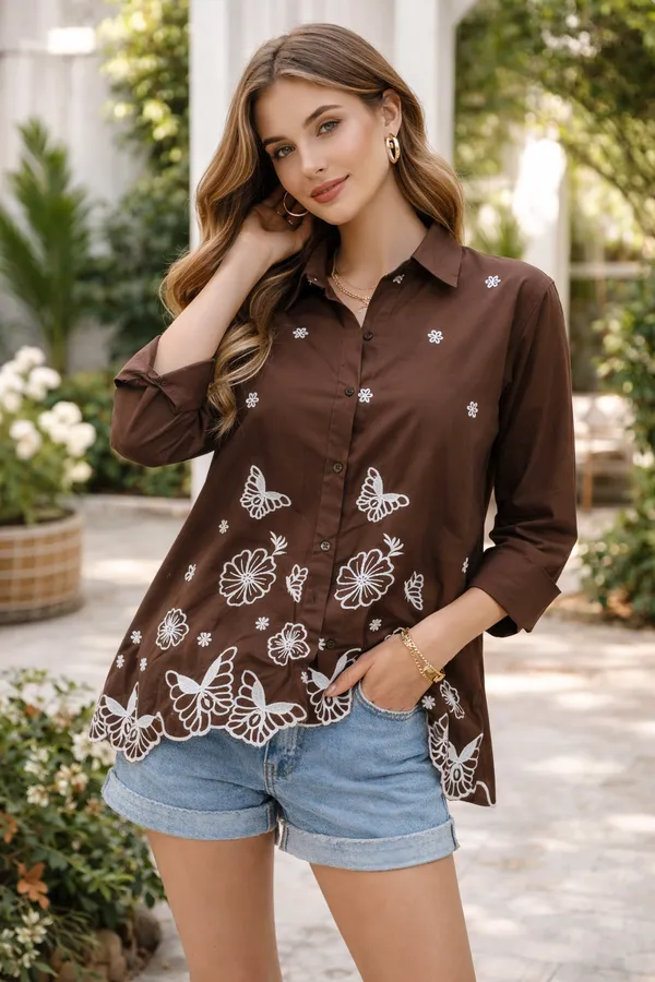Women�s_Cotton_Embroidered_Shirt_Coffee_|_Designer_Embroidery_Cotton_Shirt_for_Women_|_Casual_Full_Sleeve_Button_Down_Top_1