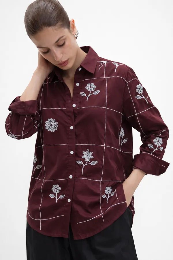 Women�s_Maroon_Viscose_Rayon_Embroidered_Shirt|_Floral_Embroidery_Casual_Button_Down_Shirt_for_Women