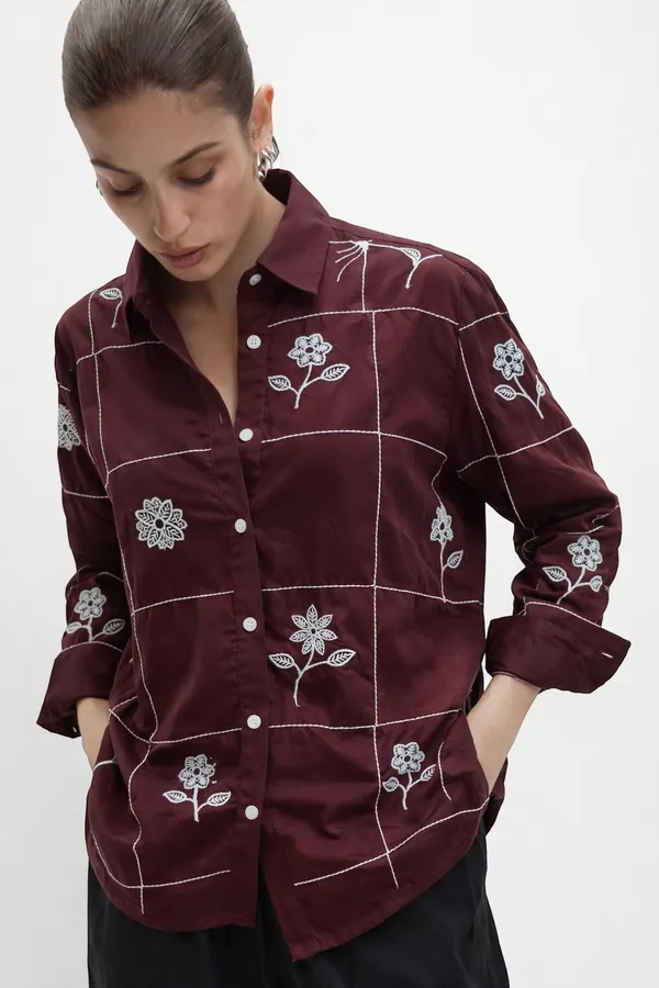 Women�s_Maroon_Viscose_Rayon_Embroidered_Shirt|_Floral_Embroidery_Casual_Button_Down_Shirt_for_Women