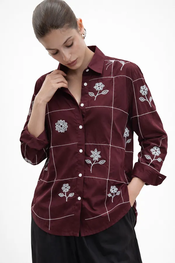 Women�s_Maroon_Viscose_Rayon_Embroidered_Shirt|_Floral_Embroidery_Casual_Button_Down_Shirt_for_Women