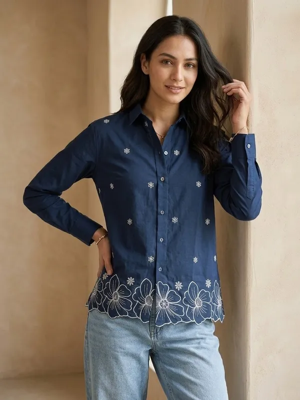 Women�s_Cotton_Embroidered_Shirt_Blue_|_Elegant_Floral_Embroidery_Casual_Shirt_|_Full_Sleeve_Button_Down_Women_Top