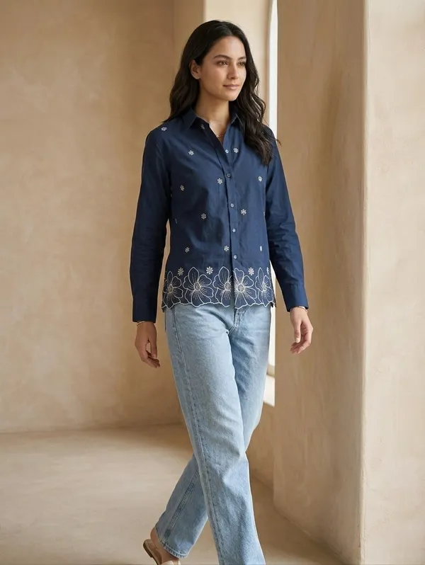 Women�s_Cotton_Embroidered_Shirt_Blue_|_Elegant_Floral_Embroidery_Casual_Shirt_|_Full_Sleeve_Button_Down_Women_Top