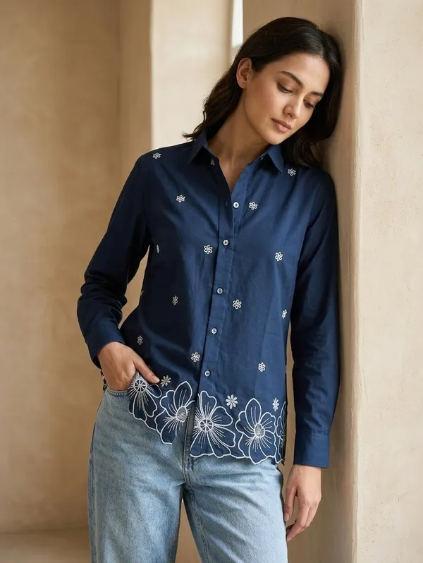 Women�s_Cotton_Embroidered_Shirt_Blue_|_Elegant_Floral_Embroidery_Casual_Shirt_|_Full_Sleeve_Button_Down_Women_Top