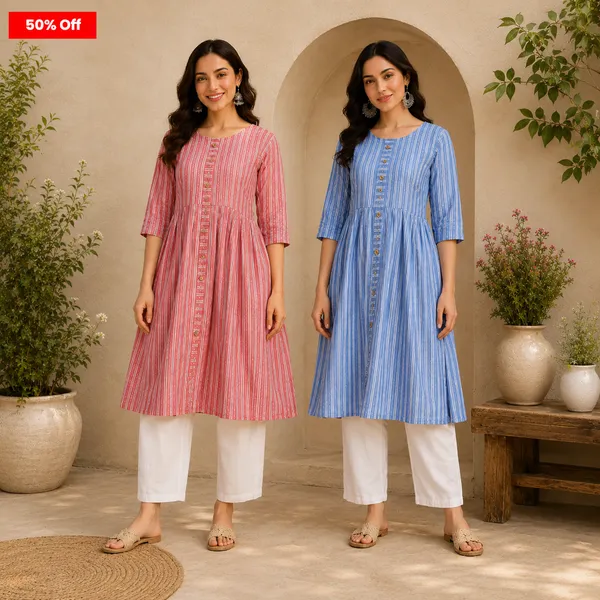 Women's_Pure_Cotton_Striped_A-Line_Kurta_|_3/4_Sleeve_Ethnic_Kurti_for_Everyday_Wear