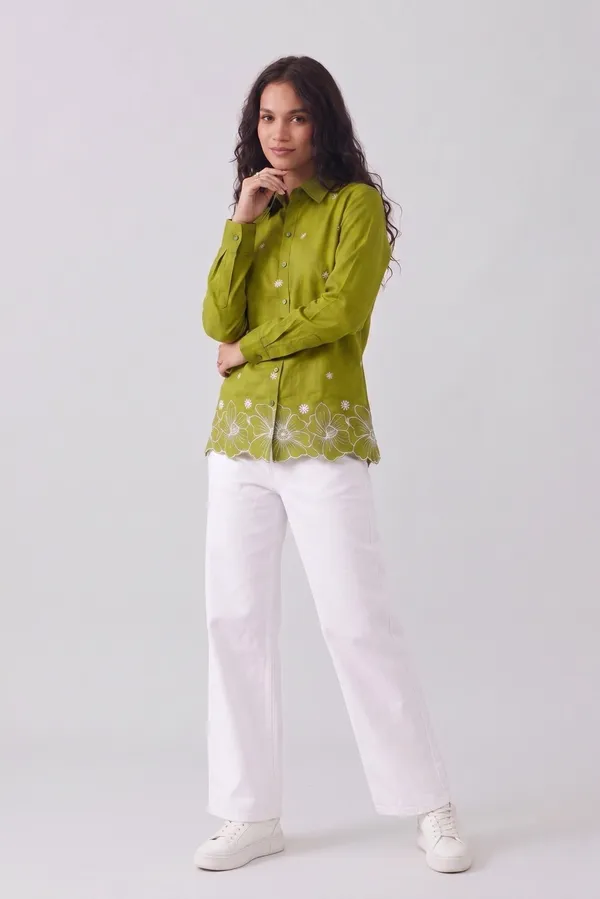 Women�s_Cotton_Embroidered_Shirt_Green_|_Floral_Embroidery_Casual_Wear_Shirt_for_Women_|_Soft_Cotton_Stylish_Top_1