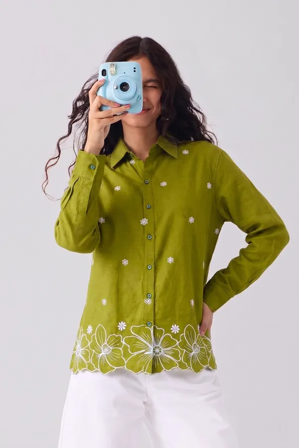 Women�s_Cotton_Embroidered_Shirt_Green_|_Floral_Embroidery_Casual_Wear_Shirt_for_Women_|_Soft_Cotton_Stylish_Top_1